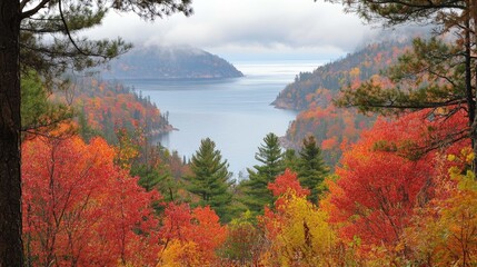 A panoramic view of a valley with vibrant autumn foliage and a river winding through it.  The sky is overcast and the mountains in the distance are shrouded in mist.