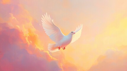 A white dove soars through a  sky with pink and yellow clouds.