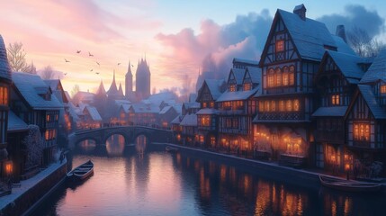 Obraz premium A picturesque winter scene of a canal town with snow-covered buildings and a bridge.
