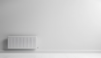 Fototapeta premium Minimalist white metal radiator installed against a clean, plain white wall. Concept of home heating, simple interior design, and efficient space management. Copy space. Mockup