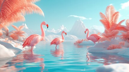 Obraz premium Serene Tropical Landscape with Pink Flamingos in a Vibrant Nature Setting
