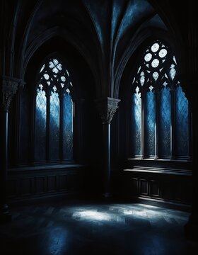 Gothic cathedral mural Dark gothic mural church with intricate stained glass windows and detailed stone carvings