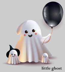 Cute balloon ghost with a witch hat. Isolated on a white background.