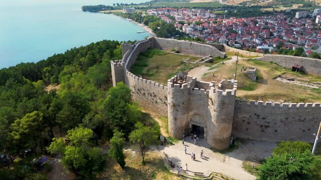 Aerial journey over footageo Samoil's Fortress, a historic site overlooking Lake Ohrid.   impressive architecture and scenic surroundings. Tourism in Macedonia