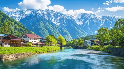 Fototapeta premium A picturesque village nestled amidst snow-capped mountains, with a river winding through the valley, showcasing lush greenery and a bridge connecting the village to the other side.