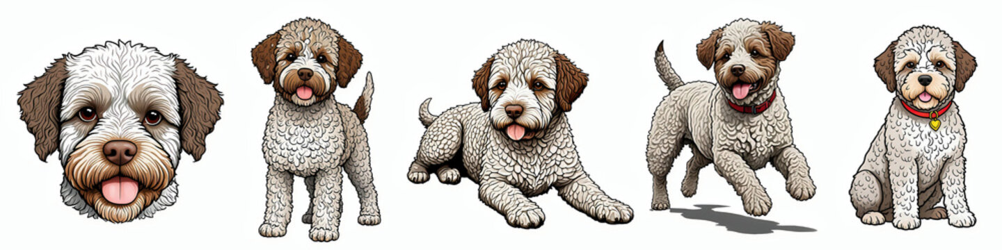 Collection set of lagotto romagnolo dog cartoon illustration, cute dog breed clip art element design 