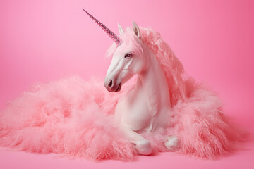 Creative animal concept. Unicorn in glam fashionable couture high end outfits isolated on bright background advertisement, copy space. Birthday party invite invitation banner 