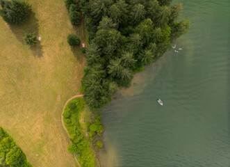 A lake with a forest in the background