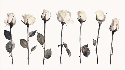 A row of seven white roses in various stages of bloom, with green leaves and thorns, isolated on a white background.
