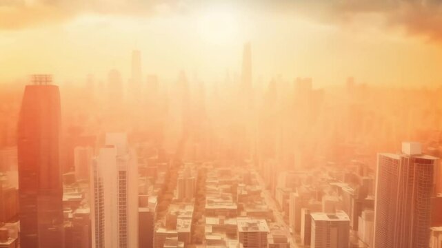 The chicago city skyline is barely visible through a thick orange haze, symbolizing the growing threat of global warming and its impact on urban environments