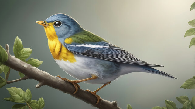 Portrait of a northern parula bird perched on a branch illustration