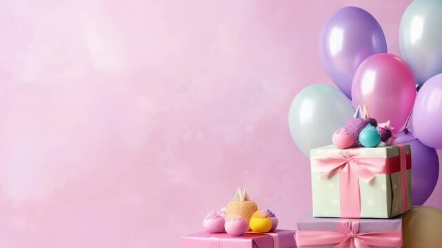 Pastel colored balloons tied to gift boxes on a pink background are forming a festive birthday party background composition with copy space