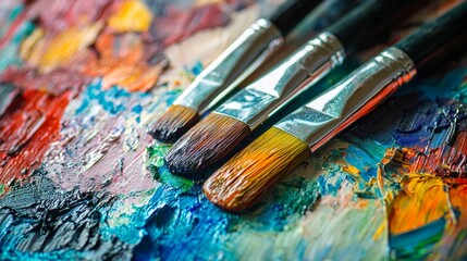 Obraz premium Three paintbrushes resting on a colorful palette of oil paints