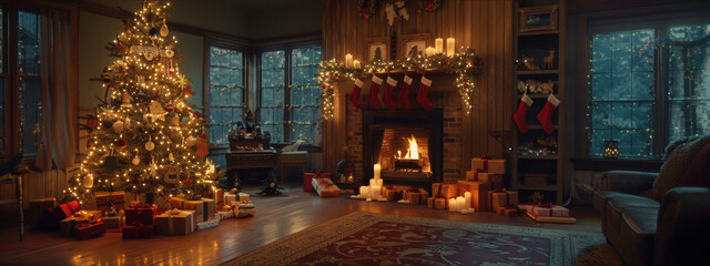 Cozy Christmas living room with a beautifully decorated tree, glowing fireplace, and gifts on a winter evening. Wide web banner.