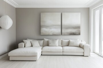 Minimalist Living Room Design with Beige Wall Gallery Display