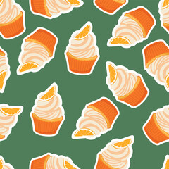 Christmas pattern with cupcake with orange slice. Winter holiday design for greeting card, invitation, cover, calendar, social media posts, menu, fabric, print