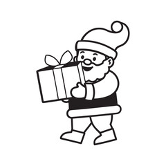 Christmas Santa with gift box line art vector illustration 