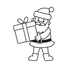 Christmas Santa with gift box line art vector illustration 