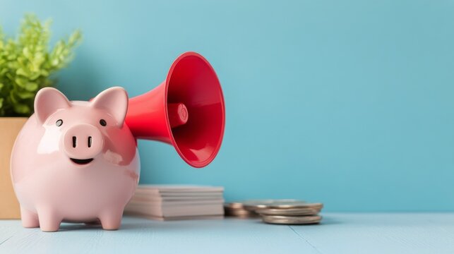 A pink piggy bank with a red megaphone on a blue background highlighting savings and investment
