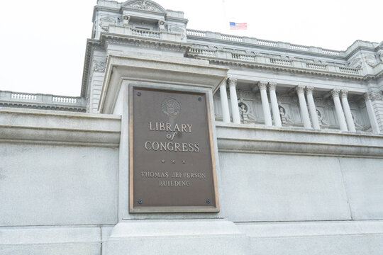 Washington, DC US - May 3, 2022: Bronze placard on the exterior of the Library of Congress, Thomas Jefferson Building seen from First Street