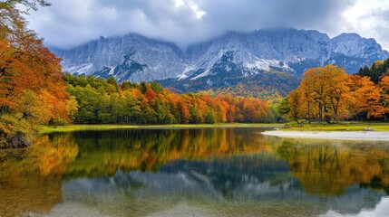 Fototapeta premium A serene lake surrounded by vibrant fall foliage and majestic snow-capped mountains.