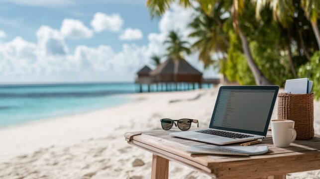 Working remotely with a laptop and coffee on a sunny beach in a tropical paradise
