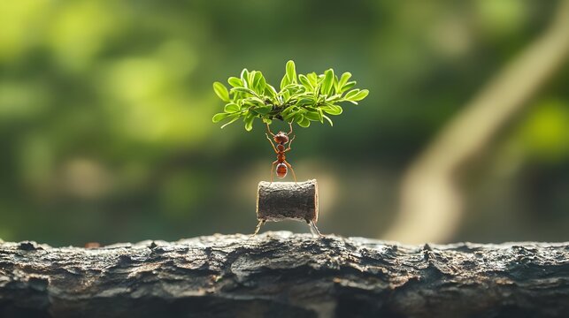 creative ohoto of art carrying. Amazing ants carry fruit heavier than their bodies. teamwork concept