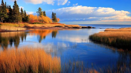Fototapeta premium A serene lake with golden reeds in the foreground, a line of trees on the opposite shore and a blue sky with clouds reflecting in the water.