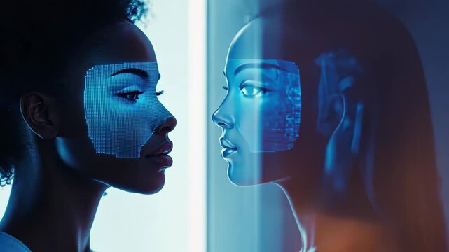 Woman analyzing digital facial display in futuristic mirror reflecting advanced cosmetology technology concept