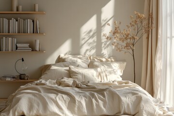 Cozy Minimalist Bedroom Interior with Blanket, Bookshelf and Lamp