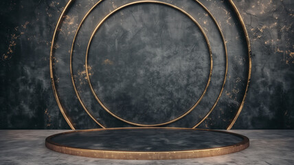 Luxury product display podium on black background with golden lines