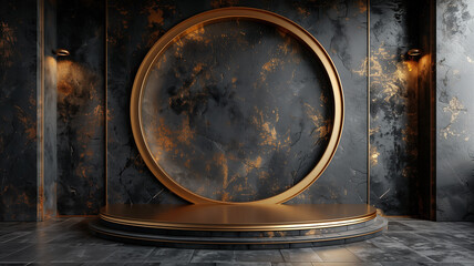 Luxury product display podium on black background with golden lines