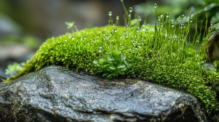 Fototapeta premium Fresh Green Moss on Wet Rock in Nature Setting