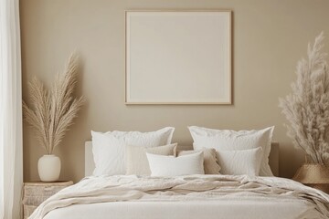 Modern Cozy Bedroom Design with Beige Bed, Art Decoration, and Mockup Poster
