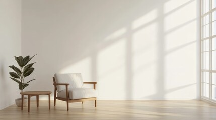 Fototapeta premium Minimalist Living Room Interior with White Wall, Sofa, Armchair, and Cozy Home Decor