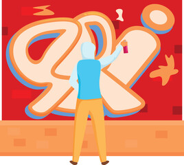 Person wearing a hoodie is drawing graffiti letters on a brick wall