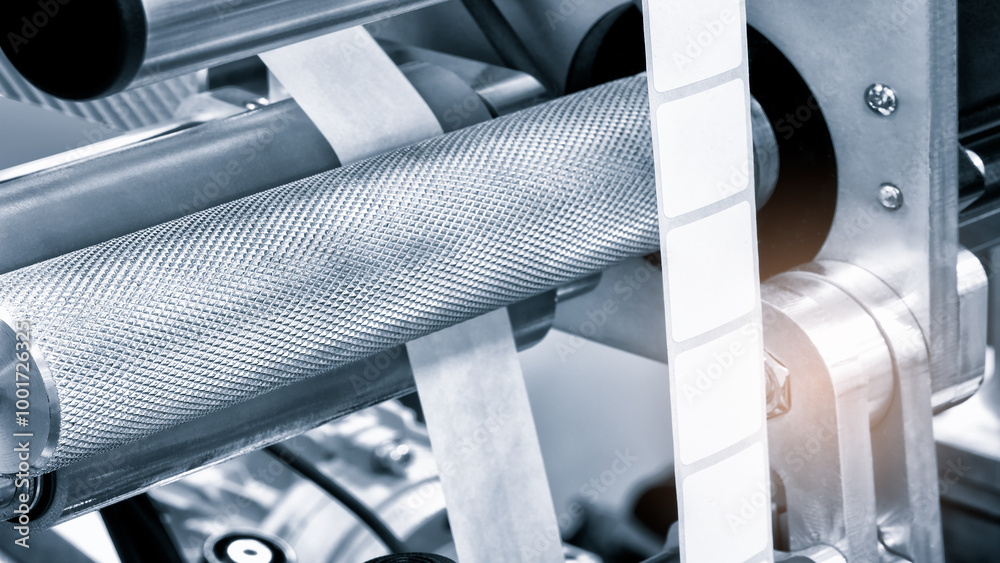 Poster fragment of the conveyor of sticking labeling machine. abstract industrial background.