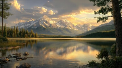 Fototapeta premium A serene mountain lake with a stunning view of snow capped peaks at sunset. The water is calm and reflects the golden light of the sky.