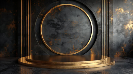 Luxury product display podium on black background with golden lines