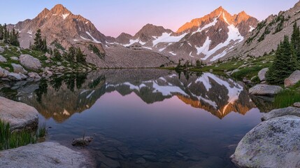 Naklejka premium A serene mountain lake with clear blue water, reflecting the surrounding peaks at dawn. The water is calm and still, with a few rocks scattered along the shore.
