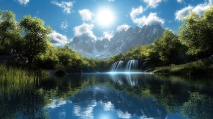 Obraz premium A serene mountain lake with a waterfall cascading down a rocky cliff, framed by lush green trees and a blue sky with fluffy clouds. The sun shines brightly, reflecting off the water.