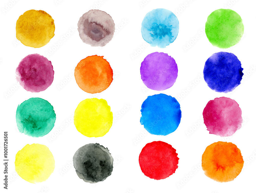 Poster set of hand painted watercolor textured round backgrounds isolated on transparent. collection of mul