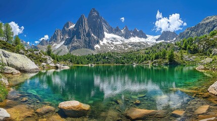 A serene mountain lake with crystal-clear water reflecting the snow-capped peaks and lush green forests under a blue sky with fluffy white clouds.