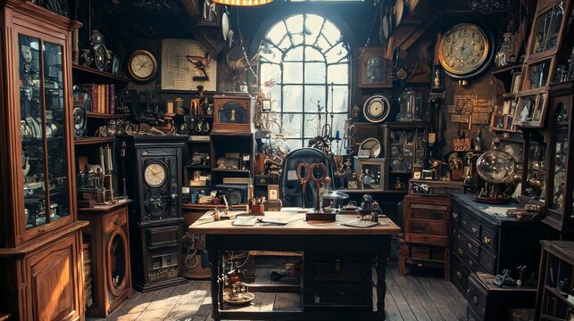 Vintage cluttered workshop with antique tools and clocks