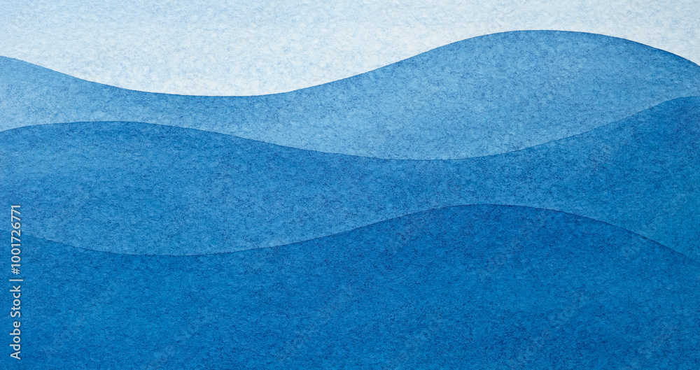 Poster Abstract art background navy azure blue colors. Watercolor painting on texture paper with turquoise pattern of sea waves. Abstract art background with blue wavy line as gradient
