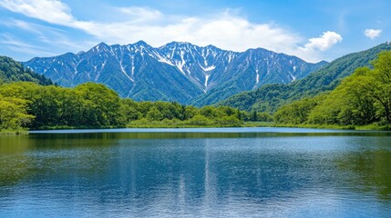 Fototapeta premium A serene mountain lake with snow-capped peaks reflecting in the clear blue water.
