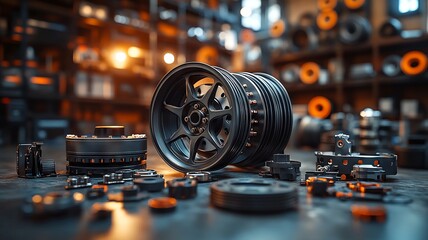 Fototapeta premium Black Rim and Automotive Parts in a Garage
