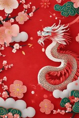 Obraz premium Two stylized dragons playfully interact against a vibrant red background with floral elements