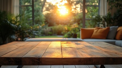 Living room interior with a wooden table in the foreground, a mockup for a product display