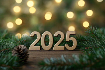 Wooden 2025 Numbers with Fir Branches and Warm Bokeh Lights, Capturing the Essence of a Natural and Cozy New Year Celebration